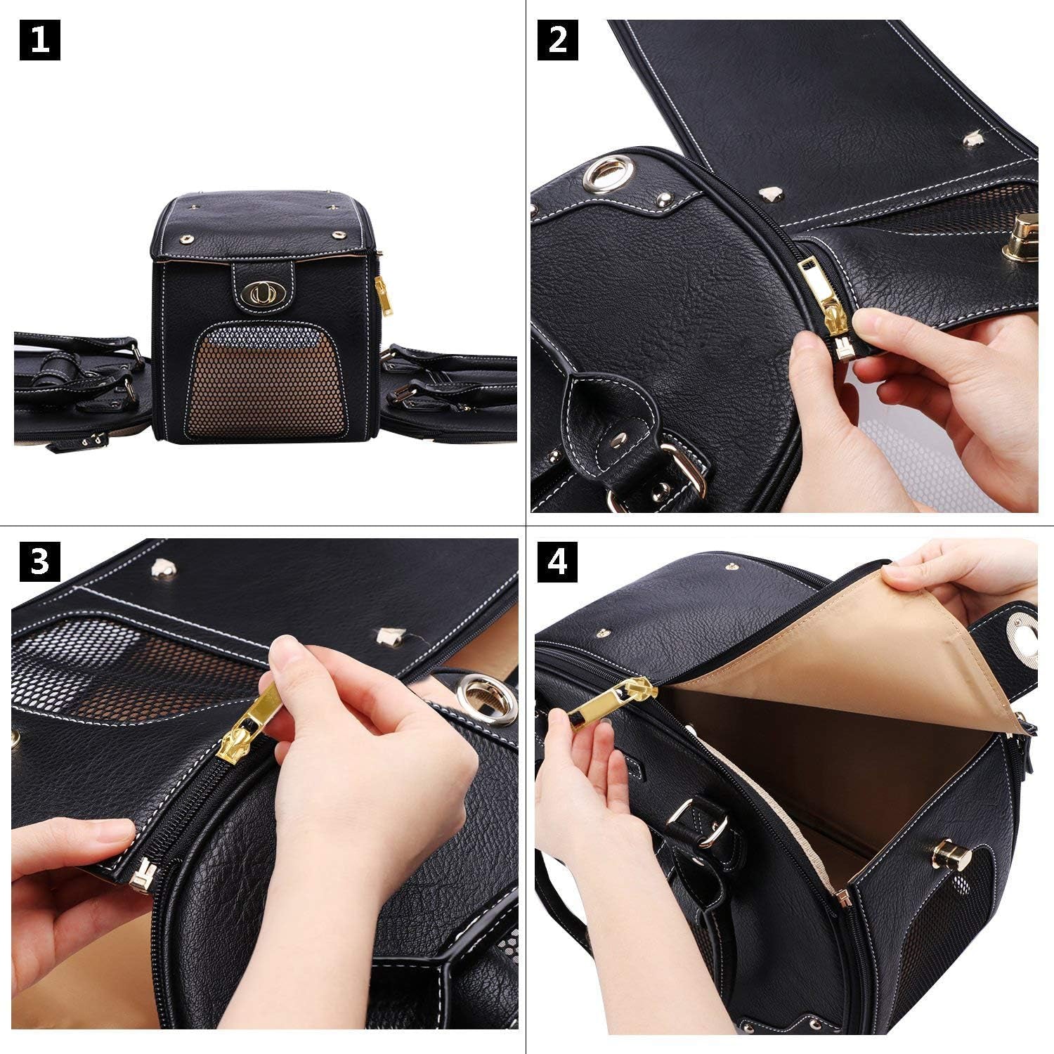 Dog Carrier, Pet Carrier, Dog Purse, Foldable Waterproof Premium PU Leather Pet Travel Portable Bag Carrier for Cat and Small Dog Home & Outdoor Small Black