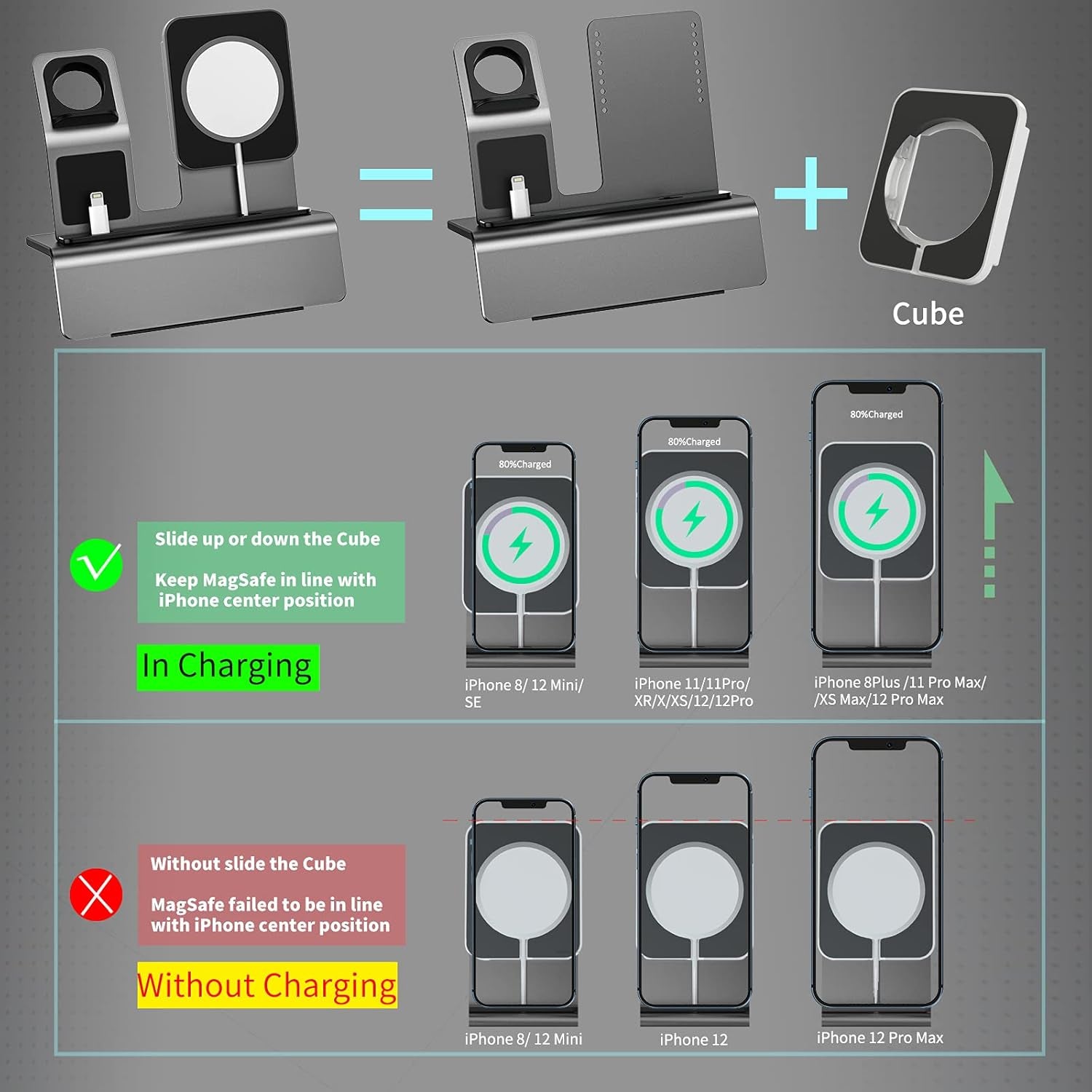 Aluminum Charging Stand for Apple Device 3 in 1 Charger Stand Holder Compatible with Magsafe Charger Iwatch Charger Airpods Pro/2/1 and Iphone Stand Holder(Charger & Cable Required)-Space Gray